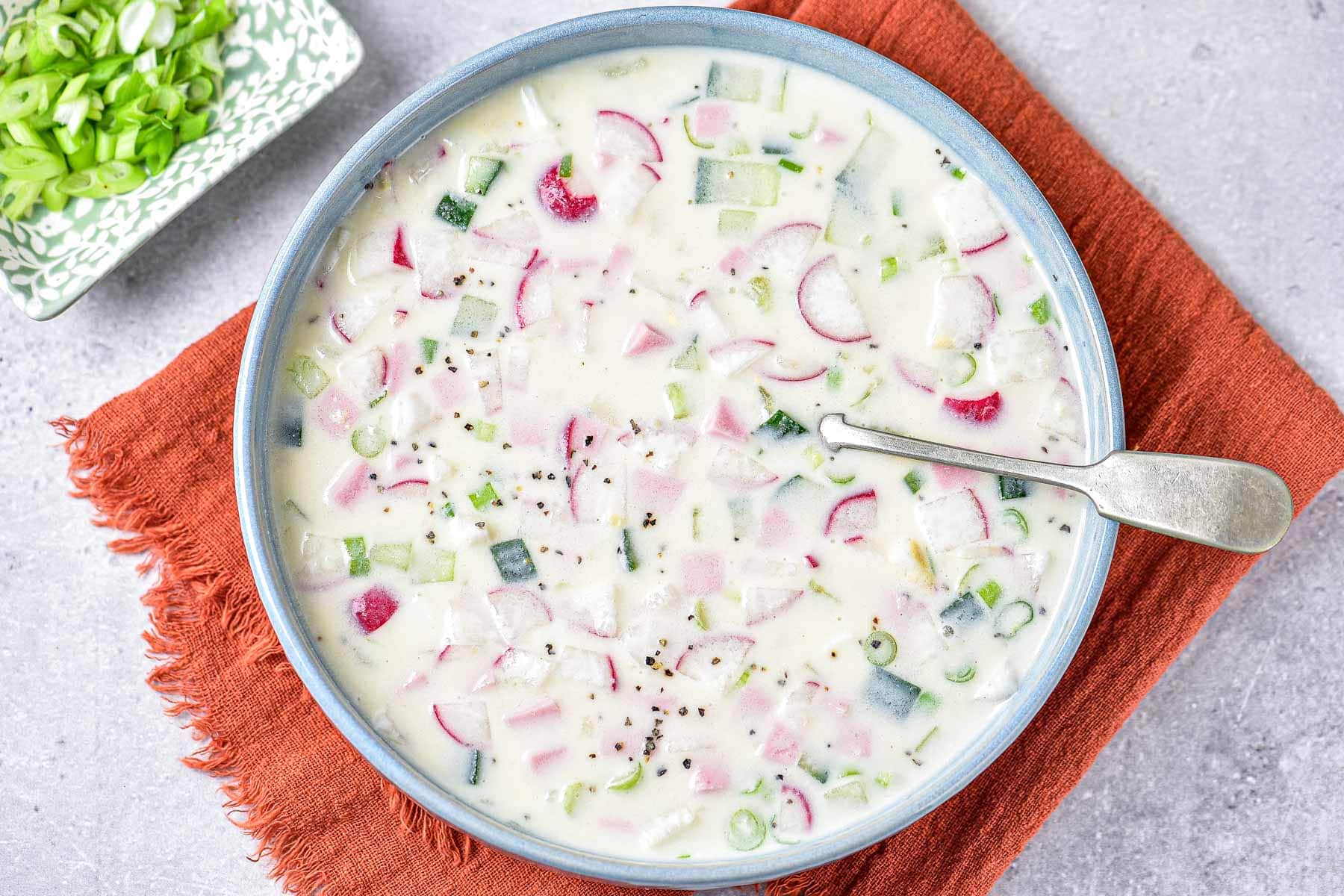 Okroshka (Окрошка) - Refreshing cold summer soup with vegetables, eggs, and kvass. Perfect for hot days.
