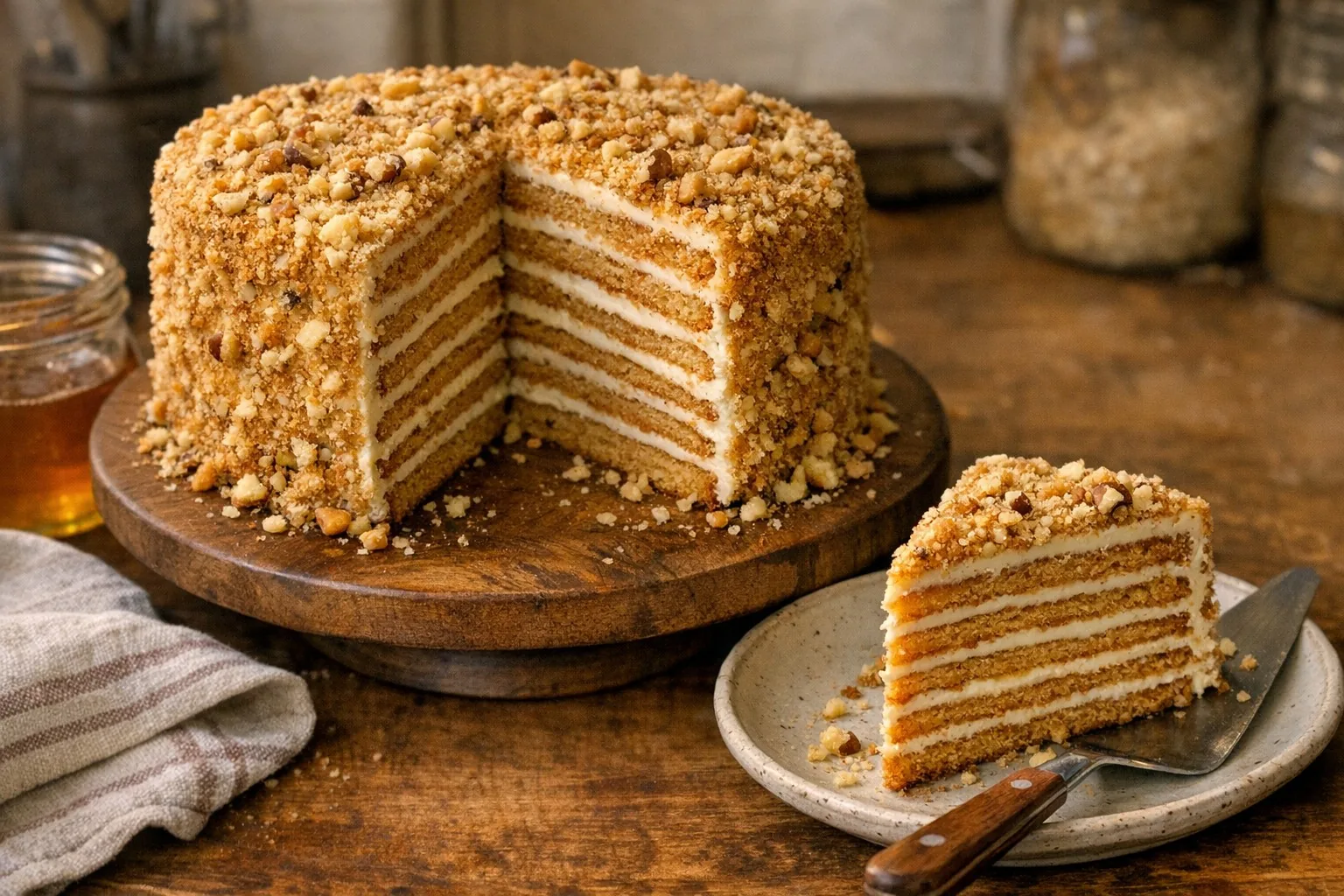 Medovik (Медовик) Medovik (Медовик) recipe photo: Classic Slavic honey layer cake with dulce de leche cream. Irresistibly sweet and tender