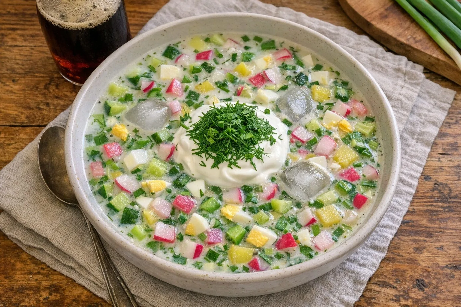 Okroshka (Окрошка) Okroshka (Окрошка) recipe photo: Refreshing cold summer soup with vegetables, eggs, and kvass. Perfect for hot days