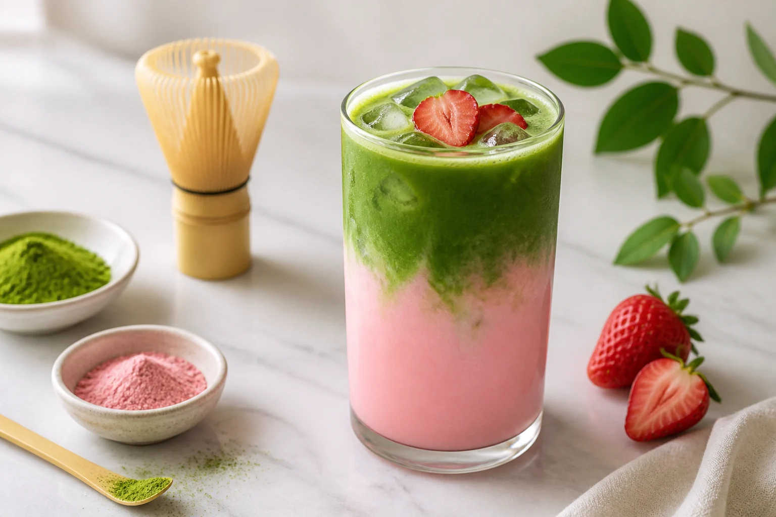 Pink Matcha Latte Pink Matcha Latte recipe photo: A naturally pink latte that blends earthy matcha with sweet strawberry or pitaya powder. As pretty as it is good for you