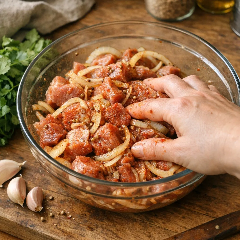 Shashlik (Шашлык) recipe, step 3: Add meat, massage marinade into each piece thoroughly