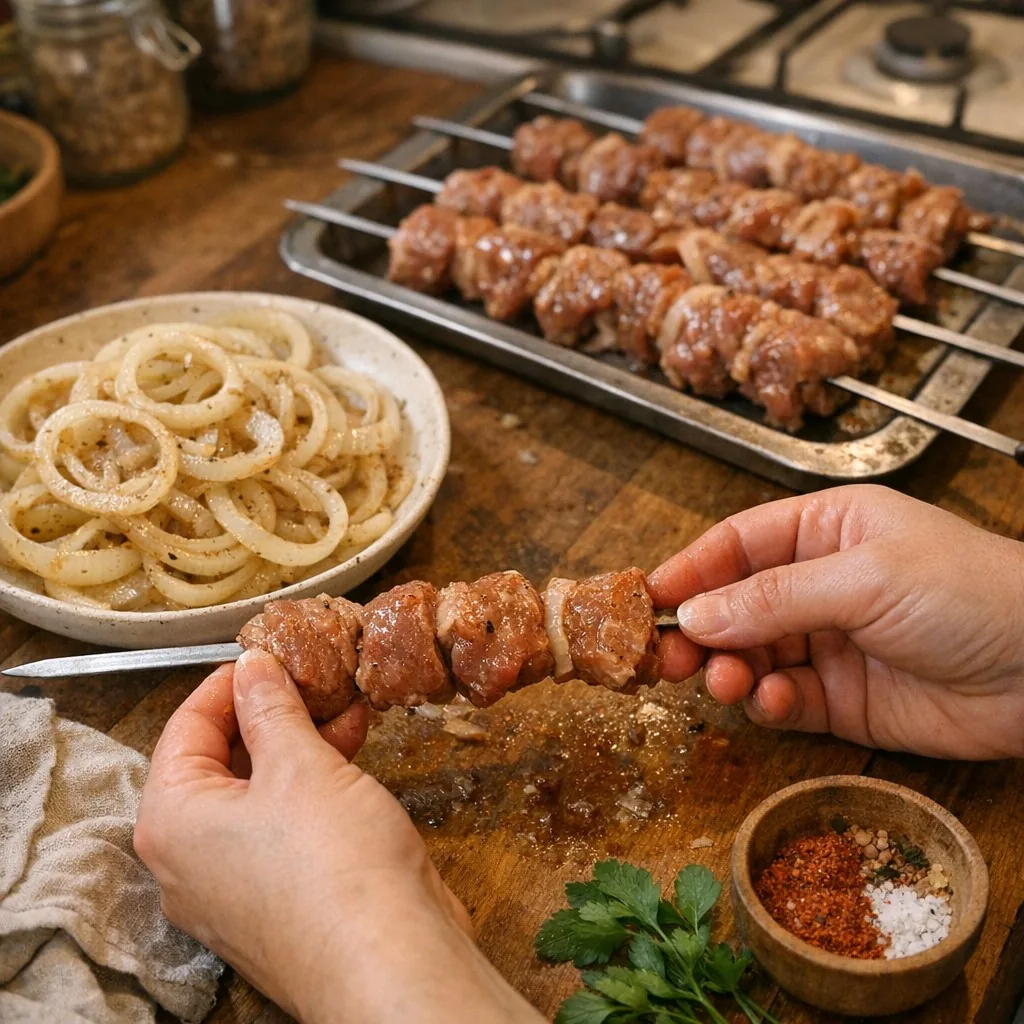 Shashlik (Шашлык) recipe, step 7: Thread meat onto skewers, leaving small gaps between pieces so heat can circulate evenly