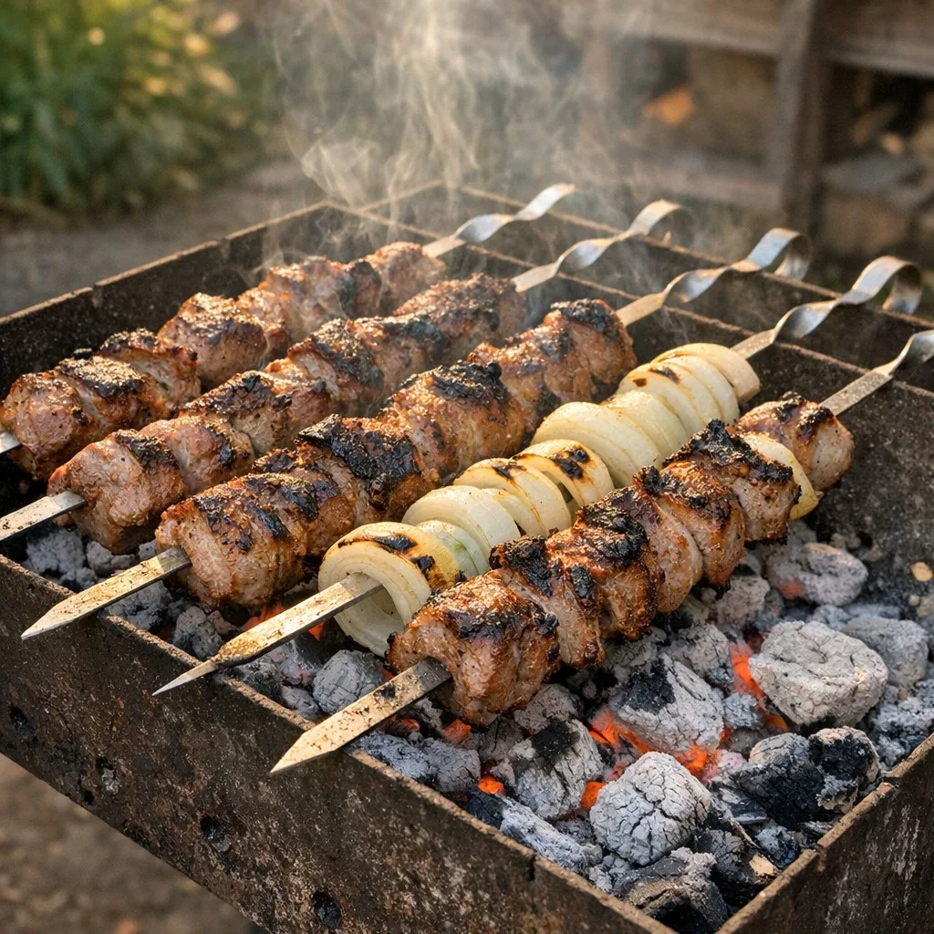 Shashlik (Шашлык) recipe, step 9: Grill over hot coals, turning every 3-4 minutes