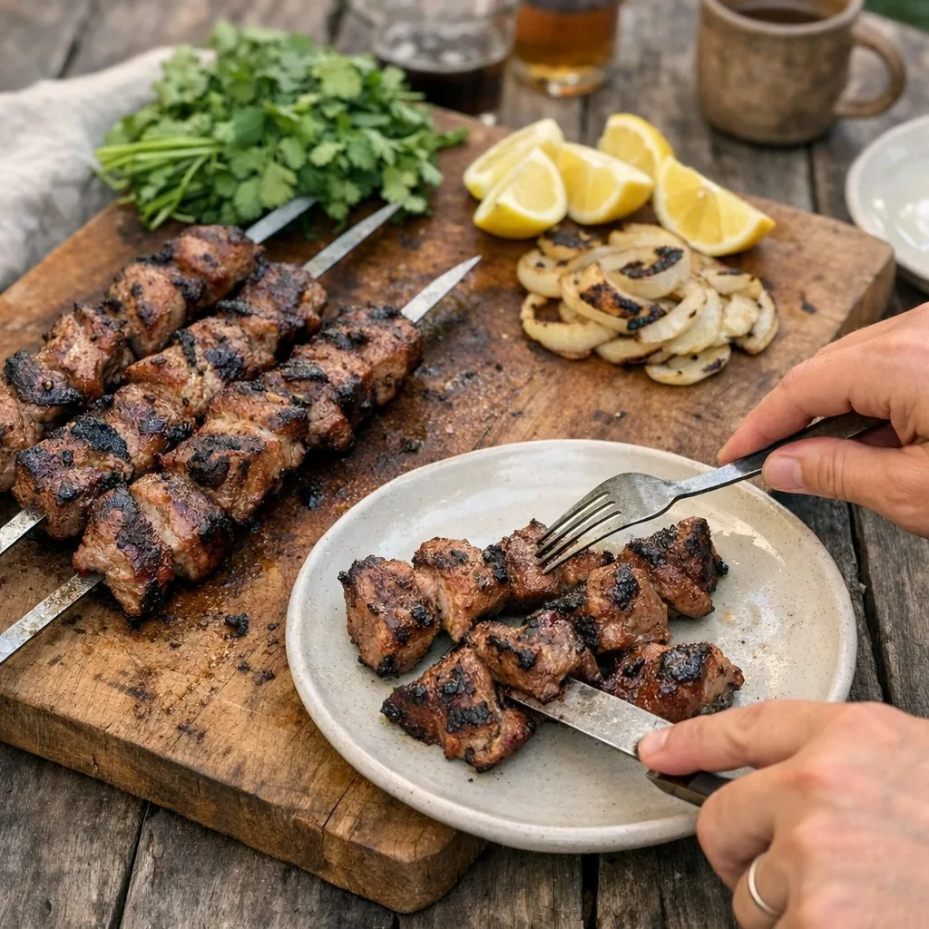 Shashlik (Шашлык) recipe, step 12: Let rest 5 minutes before serving with grilled onions, fresh herbs, and lemon