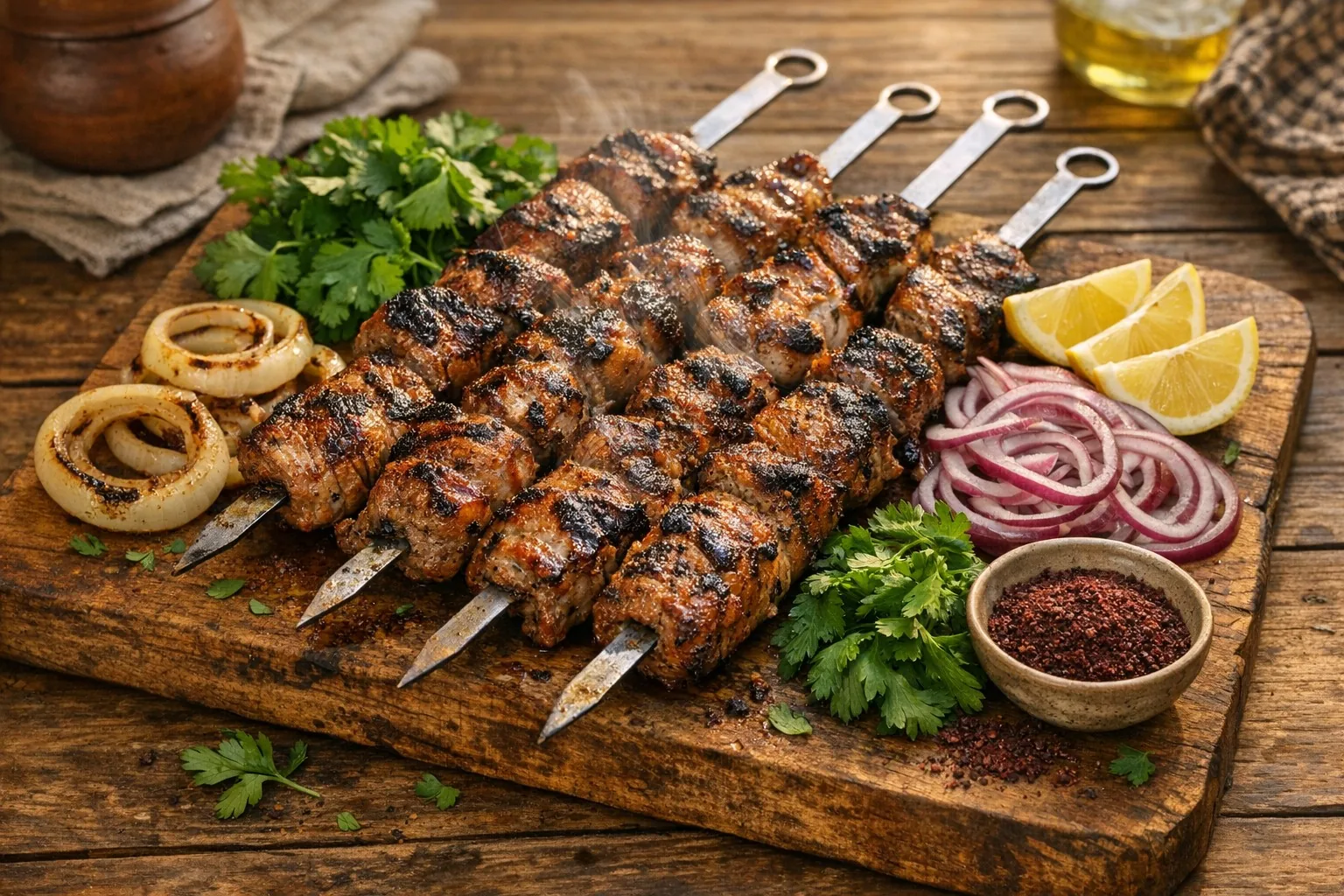 Shashlik (Шашлык) Shashlik (Шашлык) recipe photo: Marinated meat kebabs grilled over open fire. The ultimate outdoor cooking experience