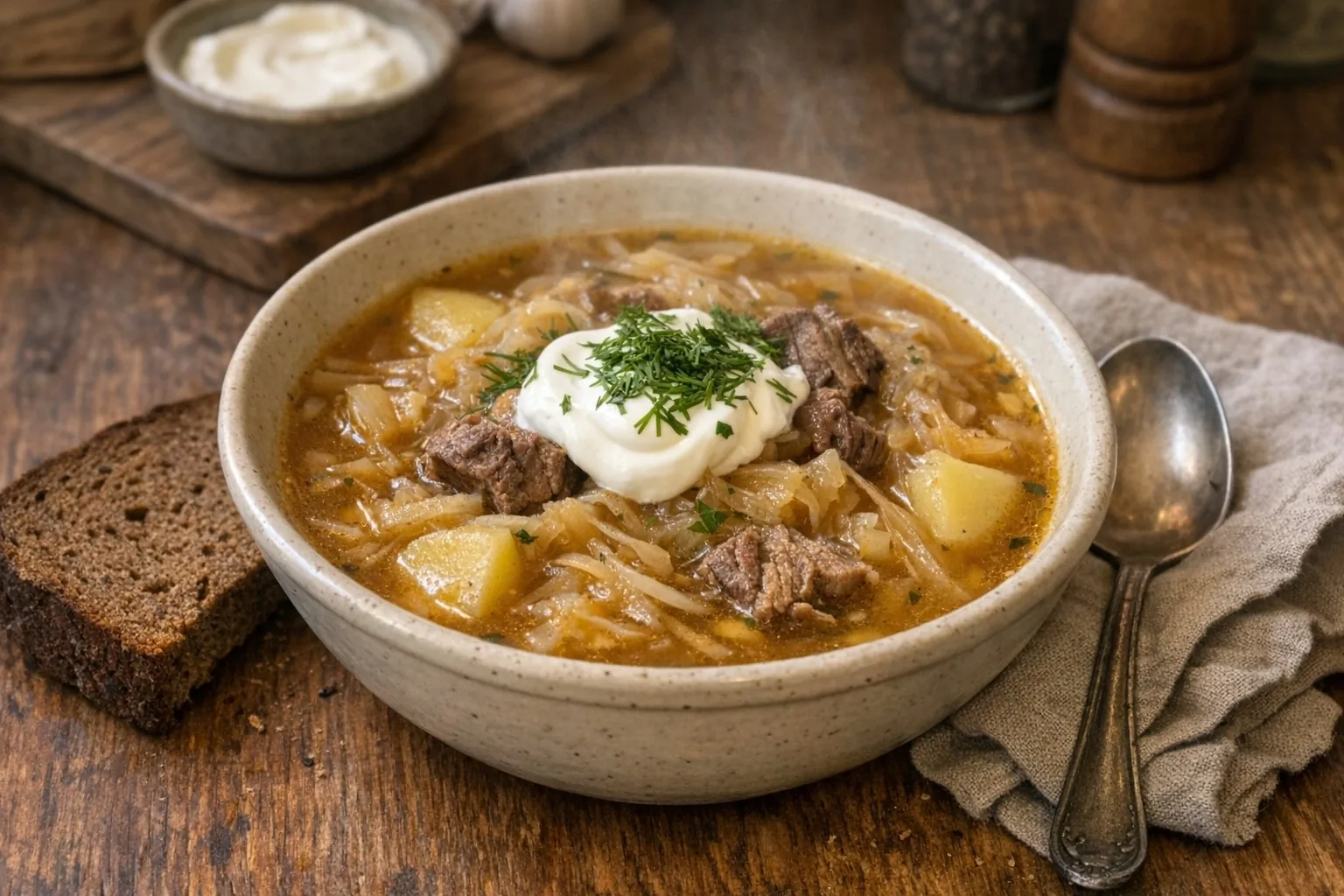Shchi (Щи) Shchi (Щи) recipe photo: Traditional Slavic cabbage soup with a rich, comforting broth. Served with sour cream and dill